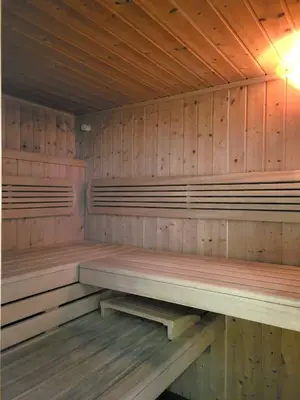 a sauna with wooden benches and a wooden ceiling at Superbe appartement plage du Midi 2 piscines 325L in Cannes
