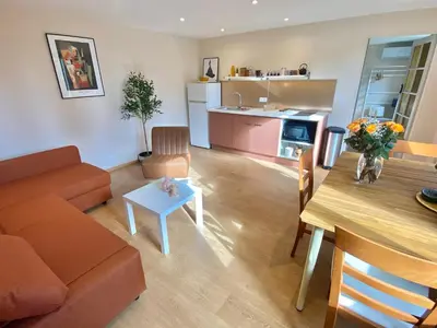 a kitchen with a plant in the middle of a room at Great flat! 12 minute walk from train station and Palais in Cannes