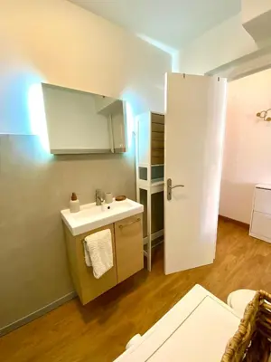 a bathroom with a sink and a white door at Charming Flat close to palais des festivals in Le Cannet