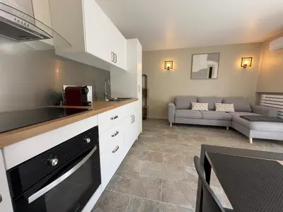 a kitchen and living room with a couch at COSY CASTILLE - Proche de la CROISETTE in Cannes