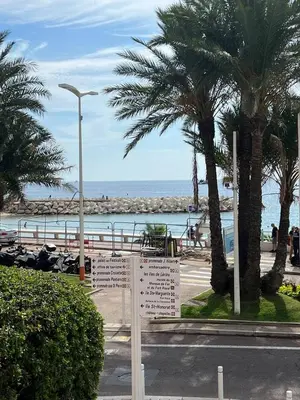 a sign in front of a beach with palm trees at Sunny Palazzio T3 Old Port, Beaches, Congress in Cannes