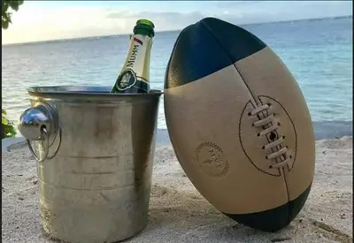 a bottle of beer in a bucket next to a ball at une pépite ZEN et COSY, parking jardin, idéal pour se ressourcer au calme in Le Cannet