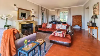a living room with two couches and a fireplace at Villa 4 BR with pool, 5 minutes Cannes in Le Cannet