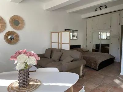 a living room with a couch and a table at CANNES SUQUET spacieux studio in Cannes