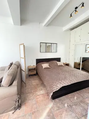 a bedroom with a bed and a couch at CANNES SUQUET spacieux studio in Cannes
