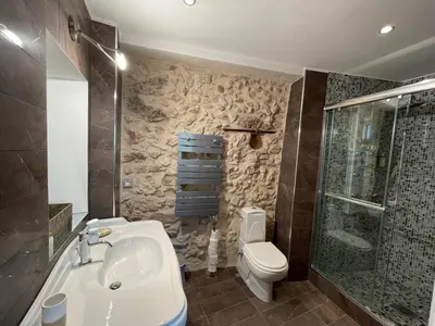 a bathroom with a sink and a toilet and a shower at CANNES SUQUET beautiful Duplex in Cannes