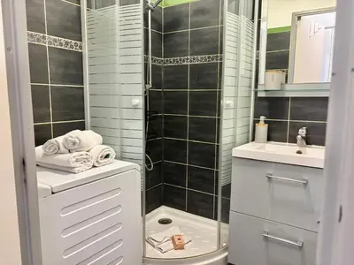 a small bathroom with a shower and a sink at Palme d'Azur 409 in Cannes