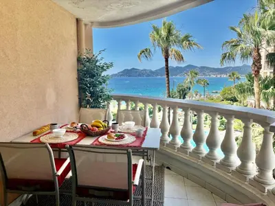 a table on a balcony with a view of the ocean at Palme d'Azur 409 in Cannes