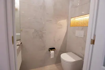 a white bathroom with a toilet and a shower at 2-bedroom luxurious apartment with balcony and parking in Cannes