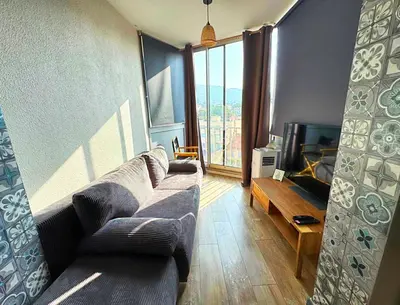 a living room with a couch and a television at Charmant Studio - Centre Cannes in Cannes