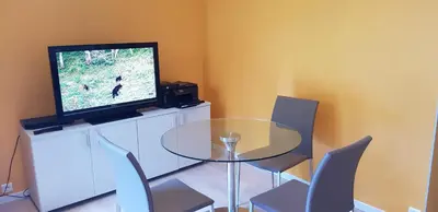 a dining room with a glass table and a television at Appartement 2 pièces cannes in Cannes
