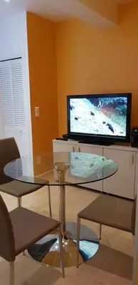 a living room with a glass table and a television at Appartement 2 pièces cannes in Cannes