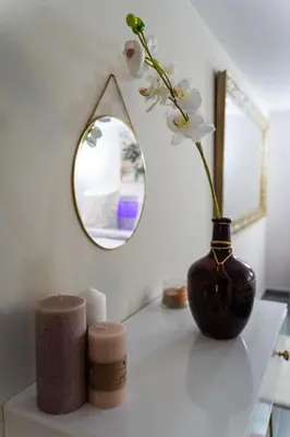 a vase with flowers on a table with a mirror at Apartment in Cannes in Cannes