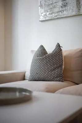a black and white pillow sitting on a couch at Elegant 2P Rue Meynadier 350 m Palais & beaches in Cannes
