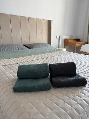 a bed with two green pillows on it at Cannes Blue Riviera Luxe in Cannes