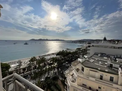 a view of a beach and the ocean with buildings at Cannes Croisette - 2 pièces vue mer in Cannes