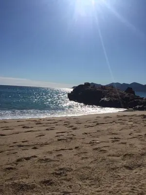 a sandy beach with the sun shining over the ocean at Cannes plage - avec terrasse, vue, mer, piscine, plage, garage in Cannes