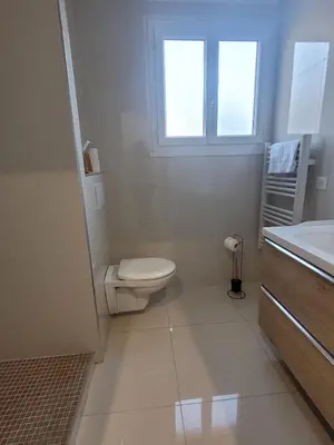 a white bathroom with a toilet and a window at Center Cannes Hippocampe in Cannes
