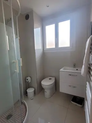 a white bathroom with a toilet and a shower at Center Cannes Hippocampe in Cannes