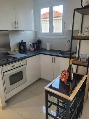 a kitchen with white cabinets and a sink and a stove at Center Cannes Hippocampe in Cannes