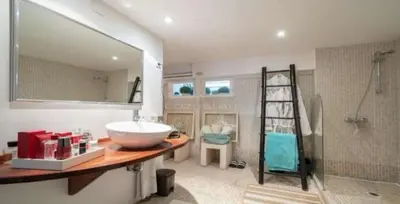 a bathroom with a large sink and a shower at Centre cannes Galia 210 m2 in Cannes