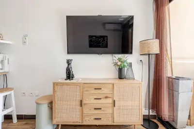 a living room with a television on a wall at Apartment with Garden, Pool, Sea View and Parking in Cannes