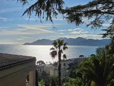 a view of the ocean and a palm tree at RENOIR 1265 Villa Francia - F2 très belle vue mer in Cannes