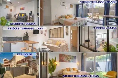 a collage of four pictures of a living room at VCA House -5 appartements - 15Min Mer- Wifi-Clim in Cannes
