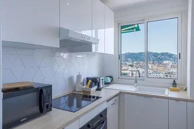a white kitchen with a sink and a microwave at Perchoir - Balcon, vue sur la ville, Palais&Plages in Cannes