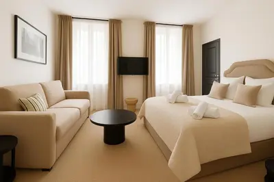 a hotel room with two beds and a couch at Croisette Cosy Studio in Cannes