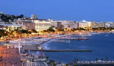a view of a city with a beach and buildings at Seaview Studio, Palais des Festivals in Cannes