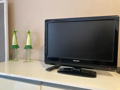 a television sitting on a table with two green plants at Pause Riviera avec terrasse, à 300 mètres de la mer in Cannes