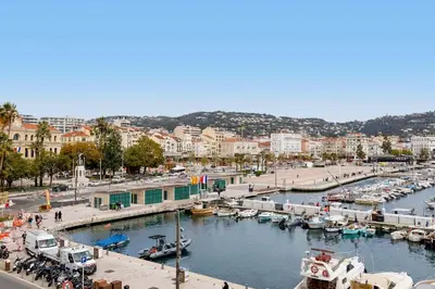 a marina with boats in the water and a city at Modern 2 Bedroom Overlooking Cannes Old Port in Cannes