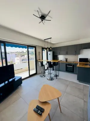 a living room with a kitchen with a ceiling fan at Apartement 2 pièces in Le Cannet
