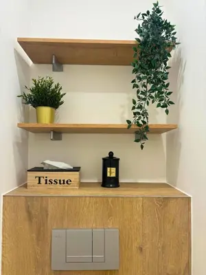 a wooden shelf with two plants on top of it at ISABELLE New spacious 3BR Apt AC in Cannes