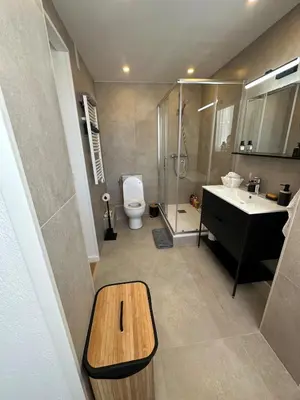 a bathroom with a shower and a sink and a toilet at Shiny Sea View Flat vue merTerrace in Cannes in Cannes