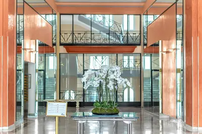 a vase of white flowers on a table in a building at Croisette 65 apartment-Miramar residence in Cannes