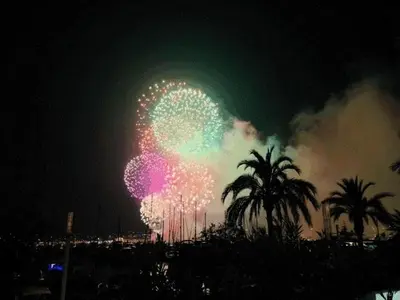 a firework display at night with palm trees at Cannes Palm Beach - Brand New Studio - Oasis of Calm in Cannes