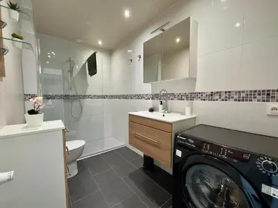 a washing machine in a bathroom with a sink at La Rose d'Or - SCLS Locations in Le Cannet
