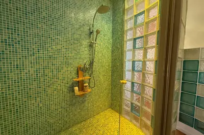 a bathroom with a shower with green tiled walls at REF 1988 -Charming apartment in the center of Cannes in Cannes