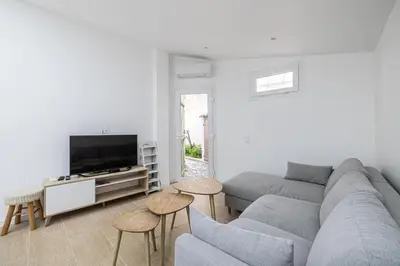 a living room with a couch and a tv at LE WINDSOR avec extérieur, spacieux et chaleureux pour un plaisir partagé in Cannes