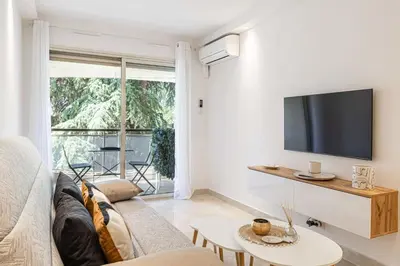 a living room with a couch and a tv at LE CENTER avec joli balcon et parking pour un plaisant séjour in Cannes