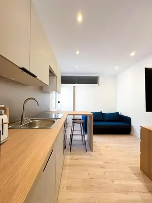 a kitchen with a sink and a couch in a room at Suite Palmiers d'Or Cannes in Cannes