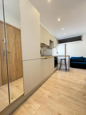 an open kitchen and living room in a apartment at Suite Palmiers d'Or Cannes in Cannes