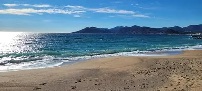 a beach with footprints in the sand and the ocean at Theo'z apartments in Cannes