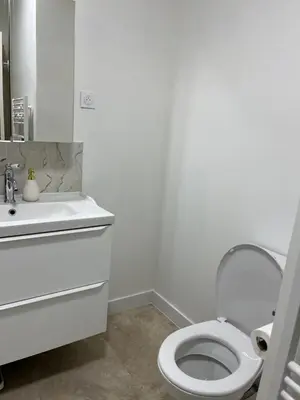 a white bathroom with a toilet and a sink at Charming Flat close to beach in Cannes
