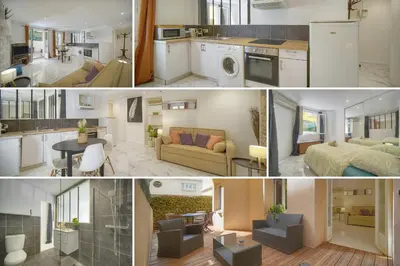 a collage of photos of a kitchen and a living room at Le Jo - Centre - Terrasse - Verrière Côte d'Azur in Cannes