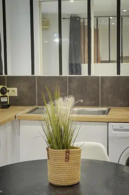 a basket with a plant on a table in a kitchen at Le Jo - Centre - Terrasse - Verrière Côte d'Azur in Cannes