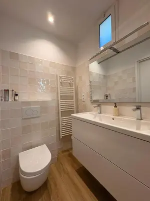 a bathroom with a toilet and a sink at Charmante maison de village avec petite piscine privée in Le Cannet