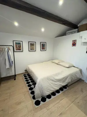a bedroom with a bed with a black and white rug at Studio Cannes, near Croisette in Cannes